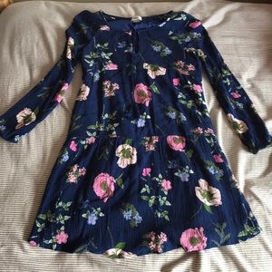 Blue Floral Long Sleeve Women’s Dress With Tassels